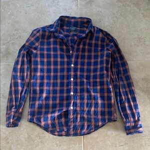 Abercrombie and Fitch Men's Blue and Orange Plaid Shirt Size Small